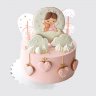 Белый торт на выписку для девочки с коляской и цветами №114153
